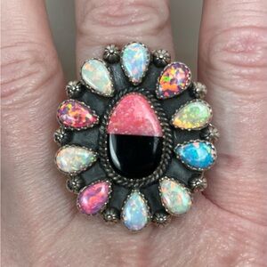 Humongous 1.5x1.25 Inch Black Onyx Lab Opal Adjustable Wide Band  Cluster Ring